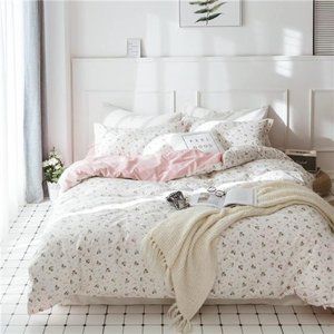 Queen Cotton Duvet Cover Sets Pink White Floral Bedding Sets Breathable 3 Pieces